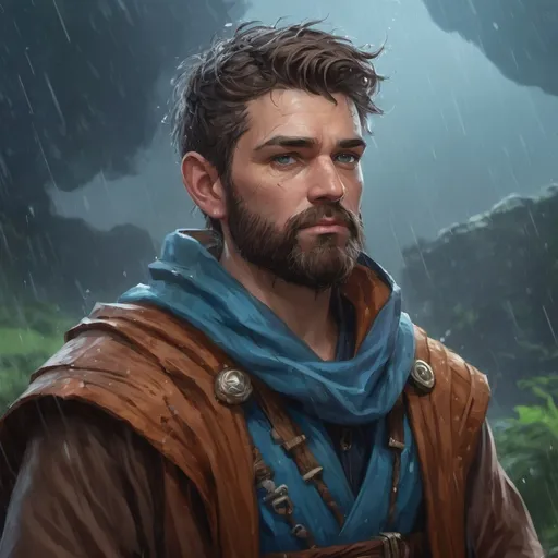 Prompt: Male stocky heavy-set druid with short-cut hair and beard, wearing brown and blue robes, in nature in a heavy rainstorm, pathfinder, d&d setting, in a realistic high quality digital art style, enhanced shadow quality, colorful