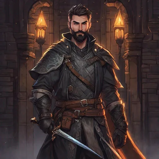 Prompt: (Full body) handsome arcane trickster glowing eyes with short cut hair beard, scar, manly face, dark light armor, holding a dagger, pathfinder, dungeons and dragons, in a dark back street, sneaking, in a painted style, realistic