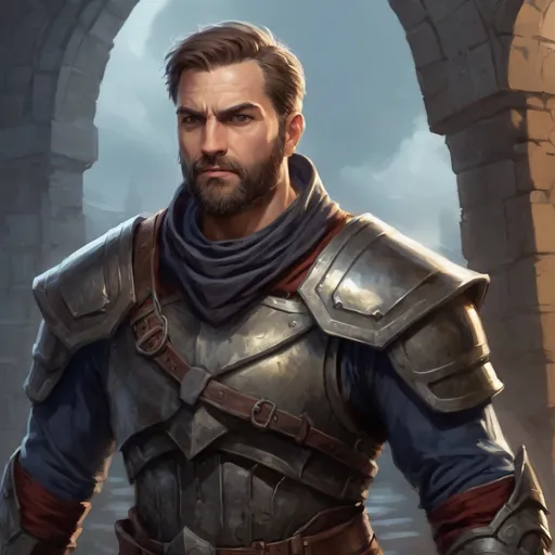 Prompt: Male heavy-set mature fit muscular large crusader with short-cut hair and beard, in a windy castleground at night, pathfinder, d&d setting, enhanced shadow quality