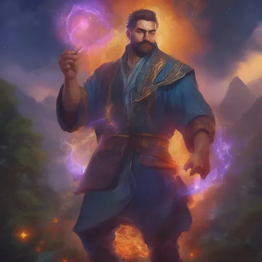 Prompt: (Full body) male stocky magus with short-cut hair and beard, casting a swirly astral-spell, in nature at night pathfinder, d&d setting, in a realistic digital art style