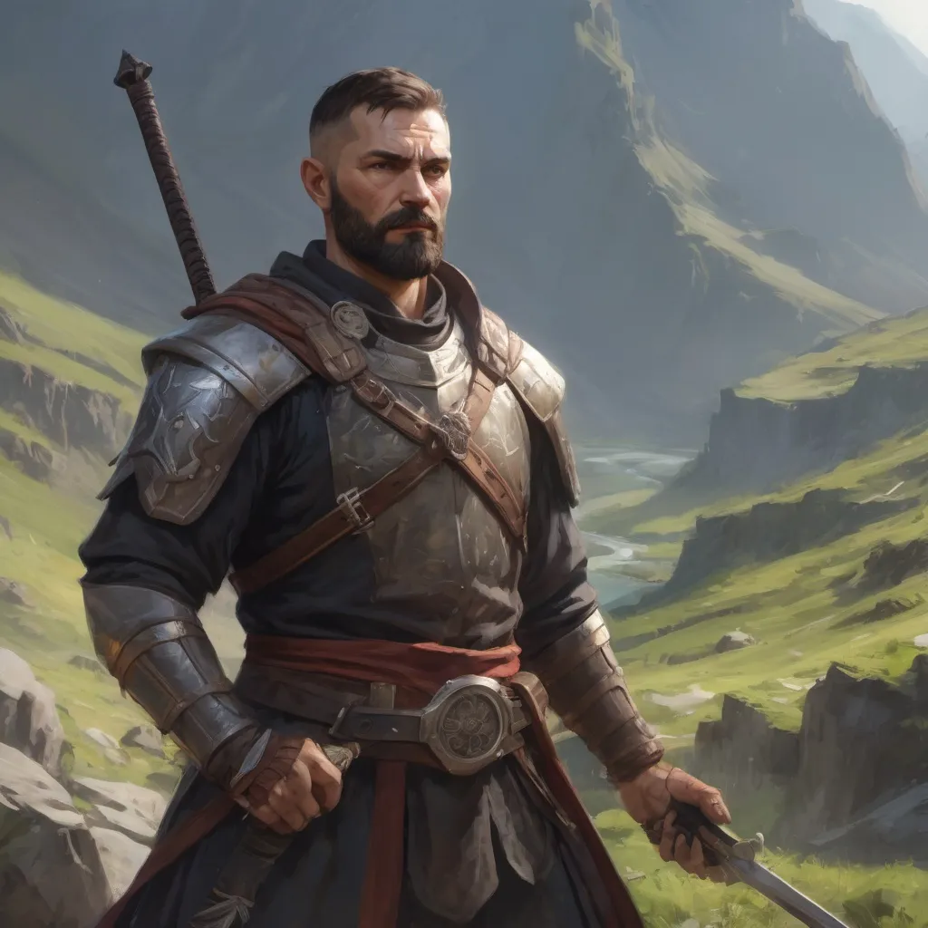 Prompt: Male heavy-set mature Swordsman with short-cut hair and beard, holding weapon, in a mountain valley, in combat, pathfinder, d&d setting, in a realistic high quality digital art style, enhanced shadow quality