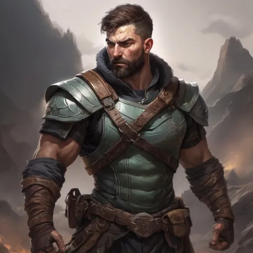 Prompt: Male stocky muscular ranger-warrior with short-cut hair and beard, in a battlefield at pitchblack night, pathfinder, d&d setting, in a realistic high quality digital art style, enhanced shadow quality, colorful