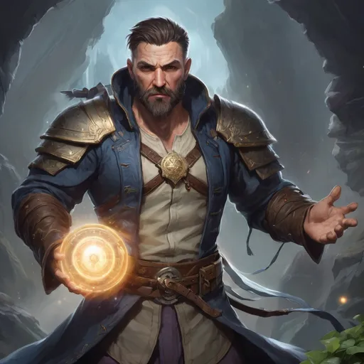 Prompt: (torso) Male stocky large fit 37-year old warlock with short-cut hair and beard, casting a magic-ray out of hands in a windy path, pathfinder, d&d setting, in a realistic high quality digital art style, enhanced shadow quality