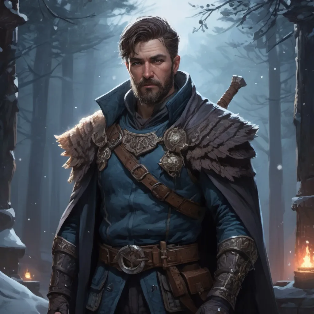Prompt: Male stocky mature swordsman, with short hair and beard, standing on an old temple in a winter forest at night, pathfinder, d&d setting, in a realistic high quality digital art style, enhanced shadow quality, colorful