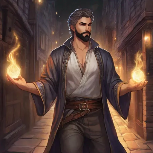 Prompt: (Full body) handsome large mage glowing eyes with short cut hair with grey streaks short beard, manly face, open shirt, hairy chest, casting a magic spell, pathfinder, dungeons and dragons, in a dark back street, in a painted style, realistic