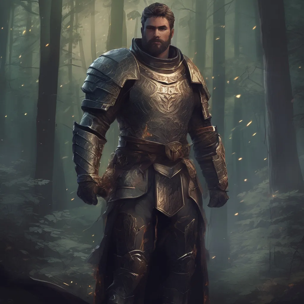 Prompt: (Full body) male handsome muscular royal armored knight with short hair and beard, in a forest at night, pathfinder, d&d setting, in a realistic high quality digital art style