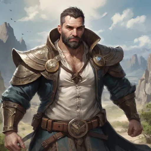 Prompt: (torso) Male stocky large fit 37-year old enchanter with short-cut hair and beard, open shirt hairy chest, in combat casting a magic-ray out of hands in a windy path, pathfinder, d&d setting, in a realistic high quality digital art style, enhanced shadow quality, colorful