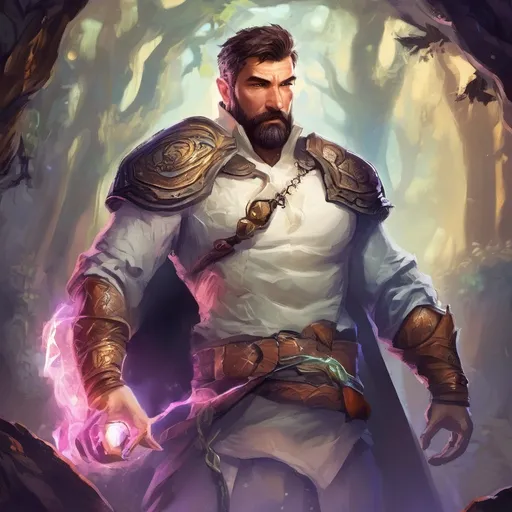 Prompt: (Full body) male beefy handsome arcane-magus with short-cut hair and beard, surrounded by swirly magic, in a forest cave at night pathfinder, d&d setting, in a realistic high quality digital art style