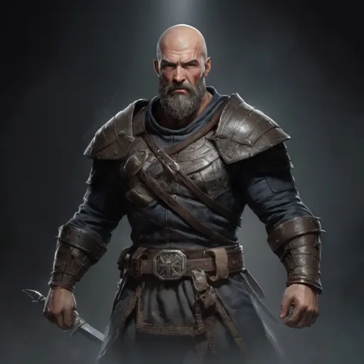 Prompt: Male heavy-set mature muscular martial fighter with short-cut hair and beard, in a dark dungeon, pathfinder, d&d setting, in a realistic high quality digital art style, enhanced shadow quality