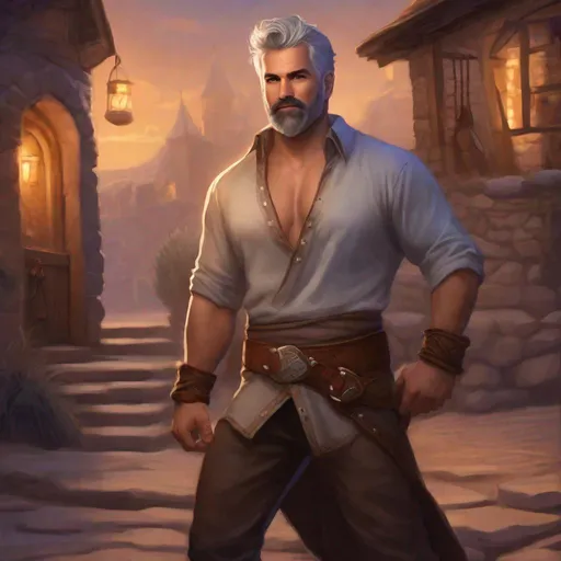 Prompt: (Fullbody) male adult brawler manly face short grey hair bearded no shirt hairy chest, heavy belt , swirly magic, brown boots, pathfinder, dungeons and dragons, outside a town at night, in a painted style, realistic