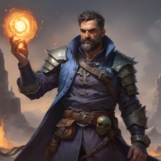 Prompt: Male stocky heavy-set mature arcane-alchemist with short-cut hair and beard, on a battlefield, in combat, holding a arcanebomb, pathfinder, d&d setting, realistic  enhanced shadow quality, colorful