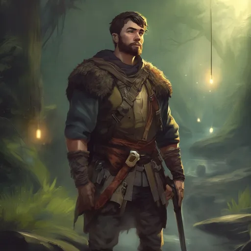 Prompt: (Full body) male stocky handsome arcane-ranger with short-cut hair and beard, in a forest cave at night pathfinder, d&d setting, in a realistic high quality digital art style