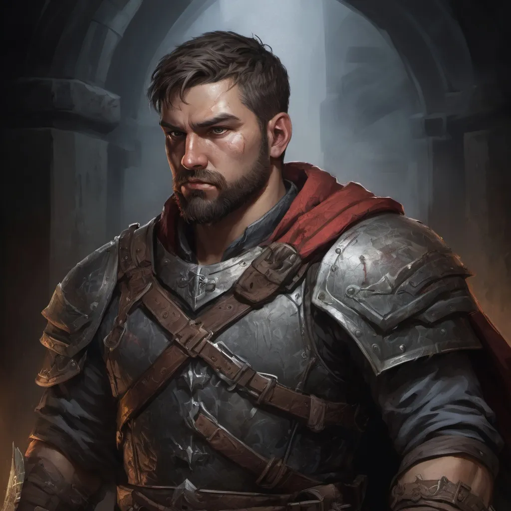Prompt: Male stocky large warrior with short-cut hair and beard, exploring a dark dungeon, pathfinder, d&d setting, in a realistic high quality digital art style, enhanced shadow quality, colorful