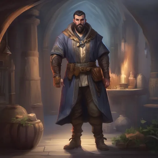 Prompt: (Full body) male stocky magus with short-cut hair and beard, in a dark magic temple dungeon, wearing magical noble robes, pathfinder, d&d setting, in a realistic digital art style