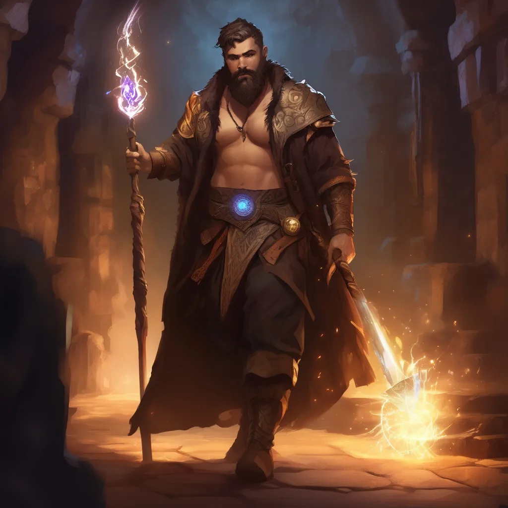 Prompt: (Full body) male stocky arcane-summoner with short-cut hair and beard, holding magic staff with swirly lights, no shirt on, very-hairy chest, in a dark underground dungeon temple, pathfinder, d&d setting, in a realistic digital art style