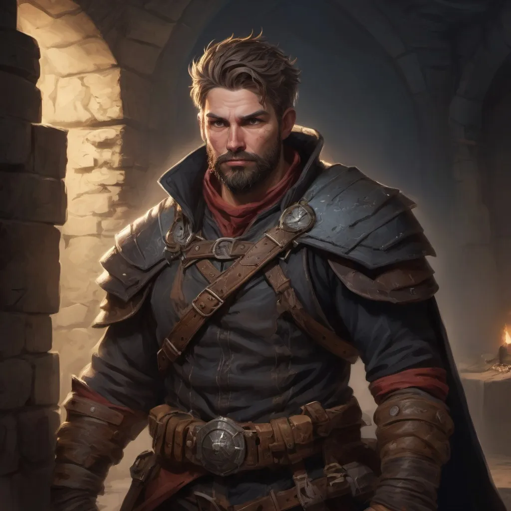 Prompt: Male stocky large rogue with short-cut hair and beard, exploring a dark dungeon looking for treasure, pathfinder, d&d setting, in a realistic high quality digital art style, enhanced shadow quality, colorful