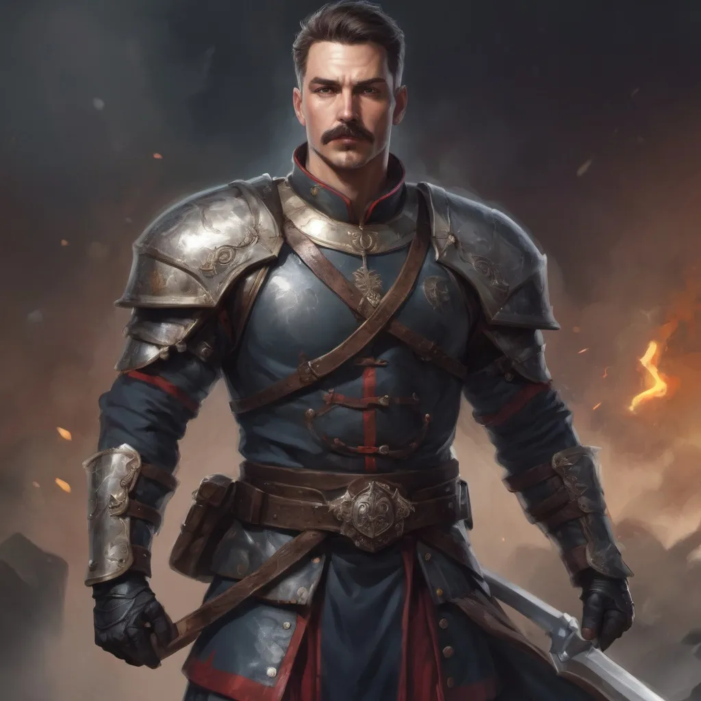 Prompt: (Full body) male stocky masculine royal guard with short hair and mustache, hairy chest, in a dark battle field, pathfinder, d&d setting, in a realistic high quality digital art style