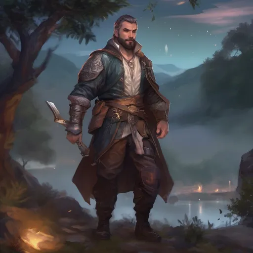 Prompt: (Full body) male stocky big-chested Noble thief with blonde short hair and beard, open shirt, in nature at night, pathfinder, d&d setting, in a realistic digital art style