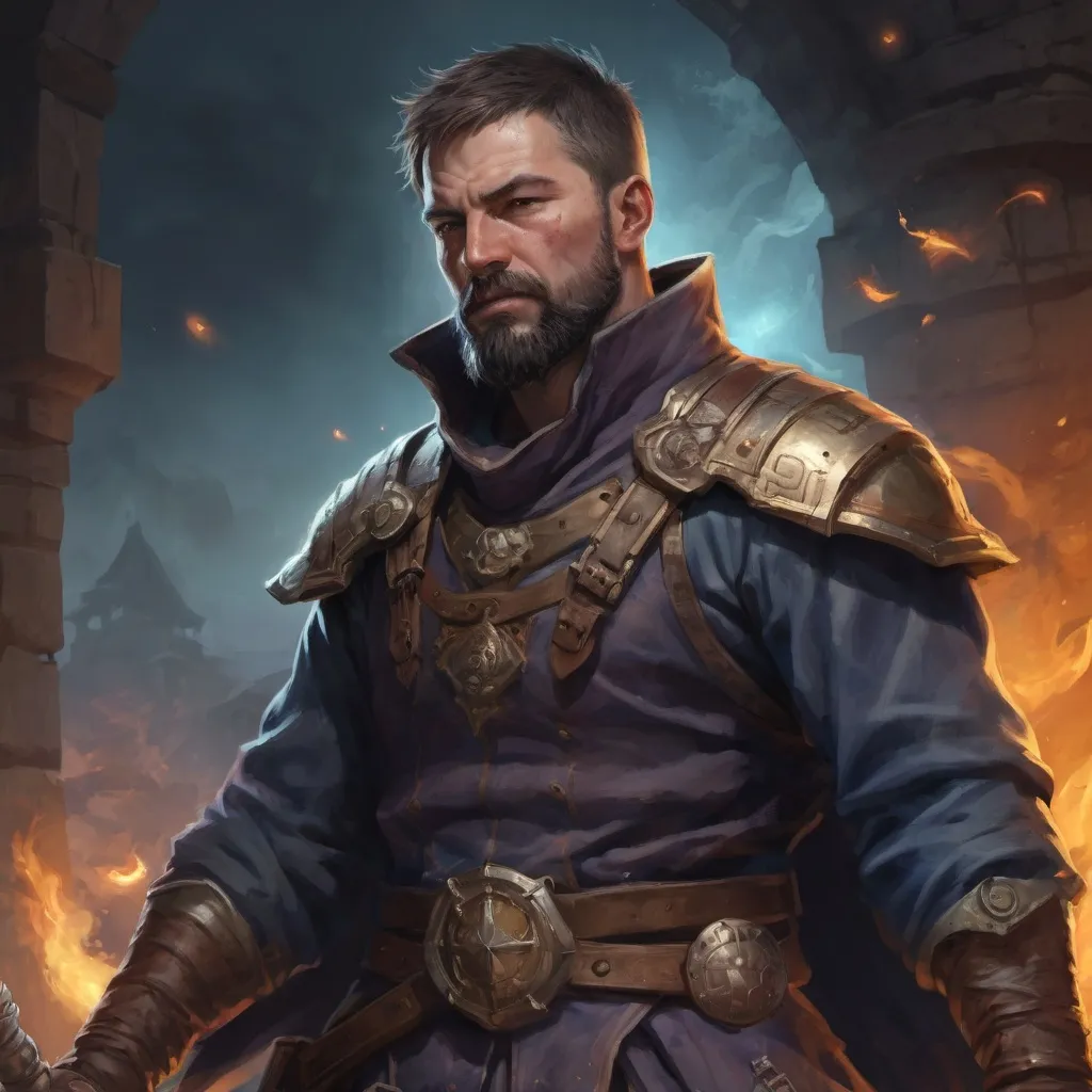 Prompt: (torso) Male stocky large 38-year old battle-mage with short hair and beard, engaged in combat casting an magical arcane-spell, villiage under siege at night, in movement, pathfinder, d&d setting, realistic, enhanced shadow quality, colorful
