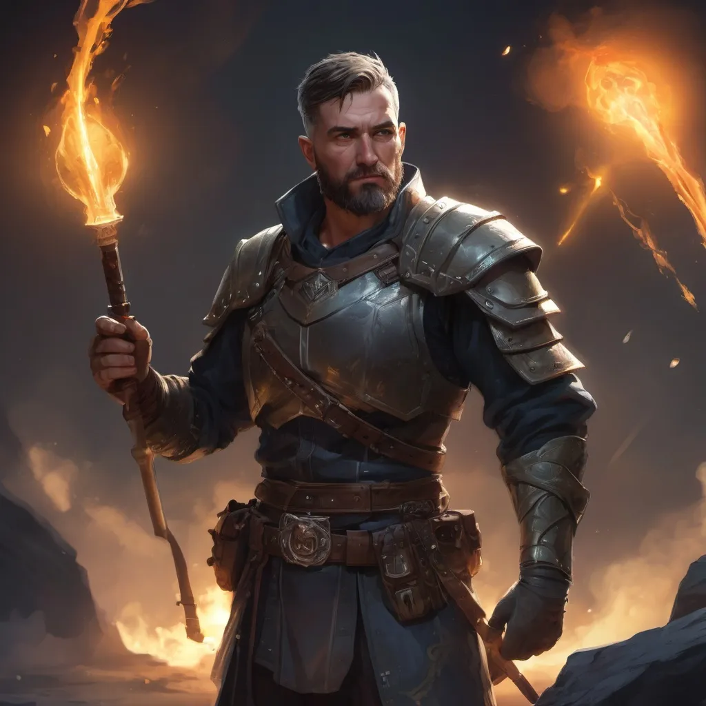 Prompt: (torso) Male stocky mature light-ranger with short-cut hair and beard, on a battlefield at night, in combat, holding a magic weapon, bright aura, pathfinder, d&d setting, in a realistic high quality digital art style, enhanced shadow quality