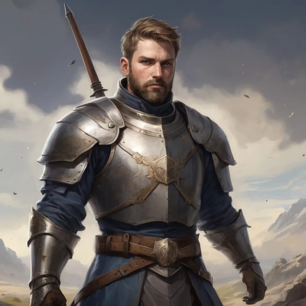Prompt: Male stocky heavy-set norwegian royal knight with short-cut hair and beard, on a windy battlefield, pathfinder, d&d setting, in a realistic high quality digital art style, enhanced shadow quality