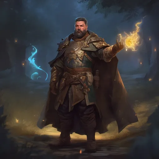 Prompt: (Full body) male stocky druid with short-cut hair and beard, in leather armor, casting a swirly nature-spell, in nature at night pathfinder, d&d setting, in a realistic digital art style