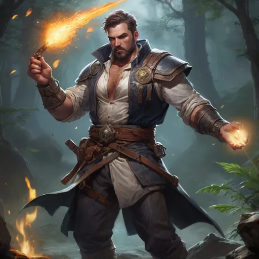 Prompt: Male stocky large fat templar with short-cut hair and beard, open shirt hairy chest, in combat casting a magic-ray out of hands in nature at night, pathfinder, d&d setting, in a realistic high quality digital art style, enhanced shadow quality, colorful