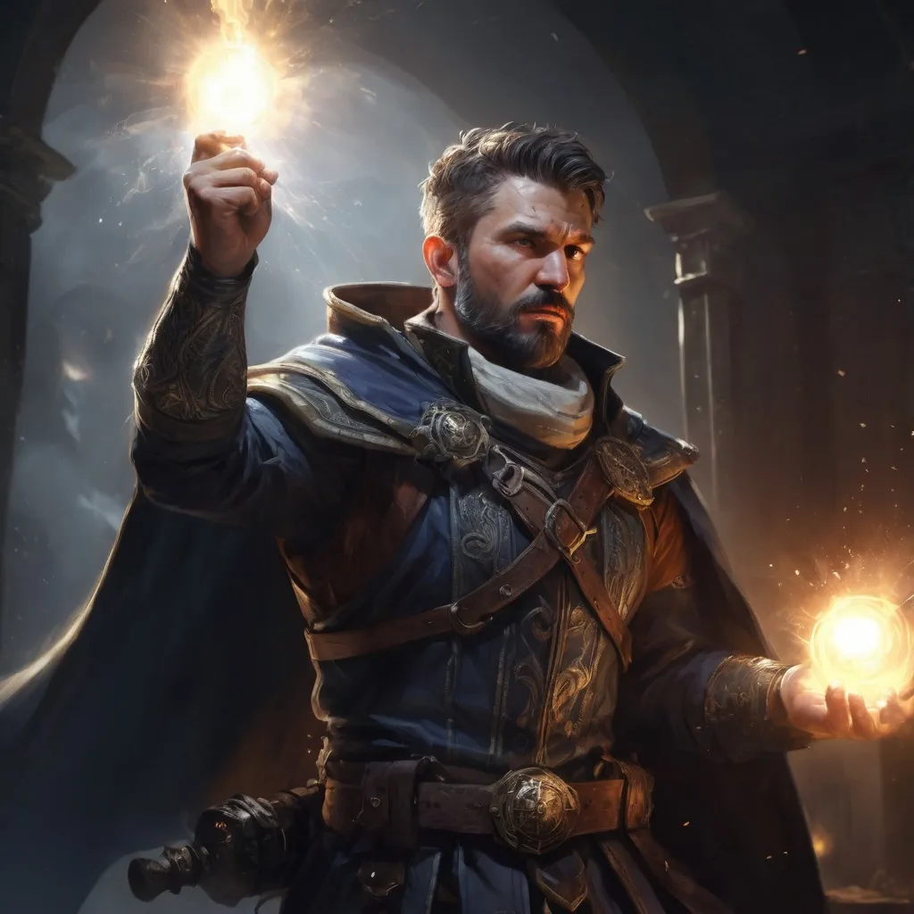 Prompt: Male stocky large mature fit battle-mage with short-cut hair and beard, engaged in combat casting a white-light spell in a dark room, pathfinder, d&d setting, realistic, enhanced shadow quality