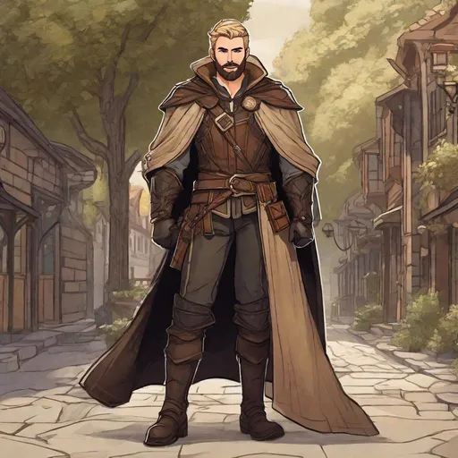 Prompt: (Full-body) A handsome hairy male ranger with short blonde hair and short beard, magic bow in one hand, dark leather armor with wooden details, brown cloak, boots, dark street in a town, in a shaded painted style