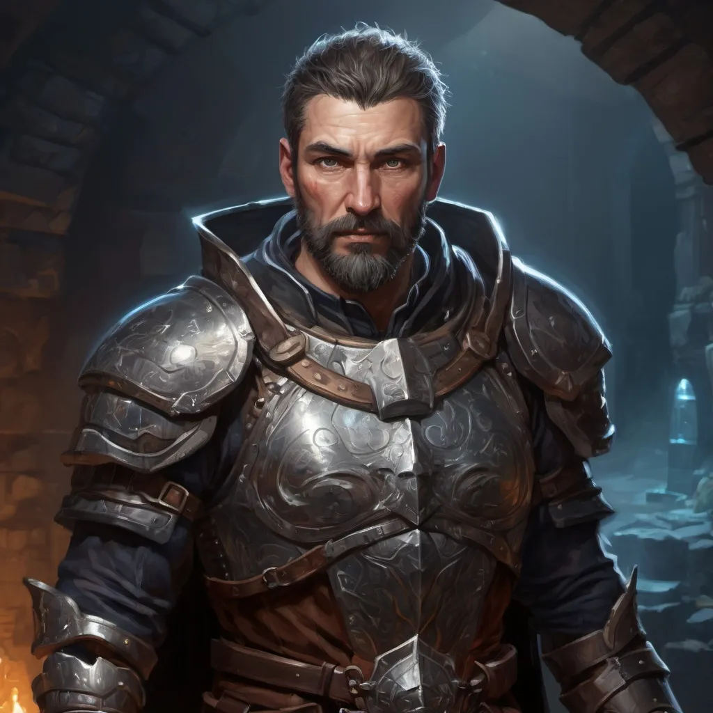 Prompt: Male stocky mature treasure-hunter with short-cut hair and beard, inside of a dungeon at night, wearing magical armour, pathfinder, d&d setting, in a realistic high quality digital art style, enhanced shadow quality
