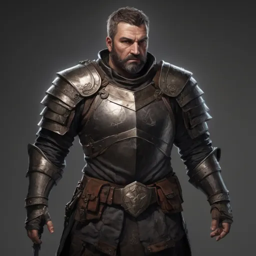 Prompt: (torso) Male stocky large mature albanian knight with short-cut hair and beard, engaged in combat inside of a dark dungeon, pathfinder, d&d setting, realistic high quality enhanced shadow quality