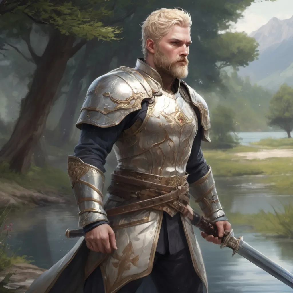 Prompt: (Full body) male stocky masculine royal guard with short blonde hair and beard, hairy chest, in a magical battle field by a lake, pathfinder, d&d setting, in a realistic high quality digital art style