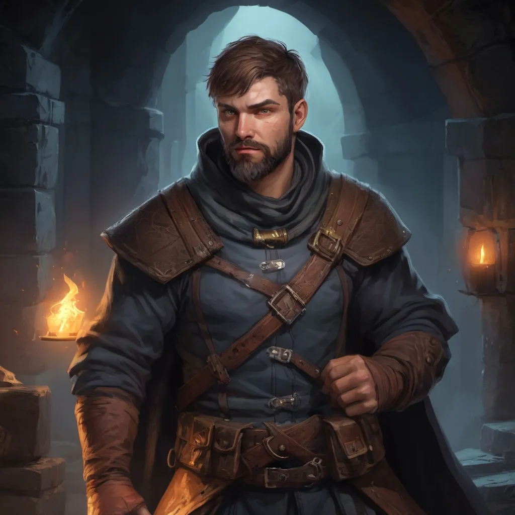 Prompt: Male stocky large rogue with short-cut hair and beard, exploring a dark dungeon looking for treasure, pathfinder, d&d setting, in a realistic high quality digital art style, enhanced shadow quality, colorful