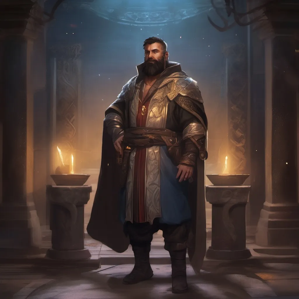 Prompt: (Full body) male stocky magus with short-cut hair and beard, in a dark magic temple dungeon, wearing magical noble robes, pathfinder, d&d setting, in a realistic digital art style