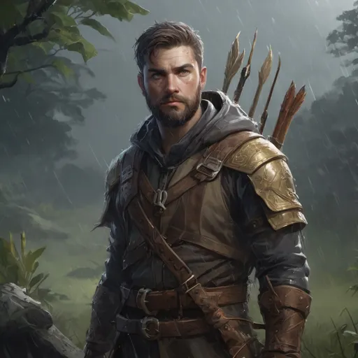 Prompt: Male stocky heavy-set hunter-archer with short-cut hair and beard, on a thicket battlefield in a rainstorm, pathfinder, d&d setting, in a realistic high quality digital art style, enhanced shadow quality, colorful