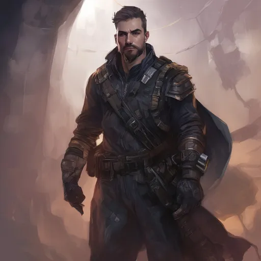 Prompt: (Full body) male stocky young royal engineer with short-cut hair and beard, in a dark room, pathfinder, d&d setting, in a realistic digital art style