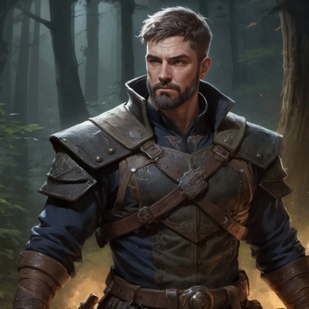 Prompt: Male stocky heavy-set mature fantasy-ranger with short-cut hair and beard, outside of fantasy forest at night, pathfinder, d&d setting, in a realistic high quality digital art style, enhanced shadow quality