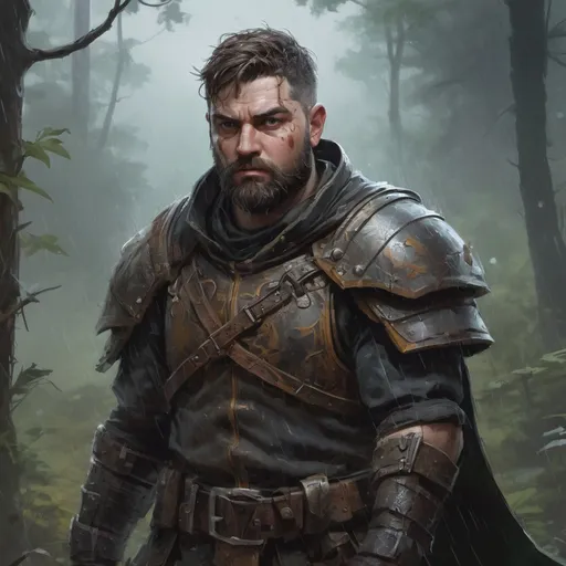 Prompt: Male stocky heavy-set fat warrior with short-cut hair and beard, in a thicket battlefield in a rainstorm, pathfinder, d&d setting, in a realistic high quality digital art style, enhanced shadow quality, colorful