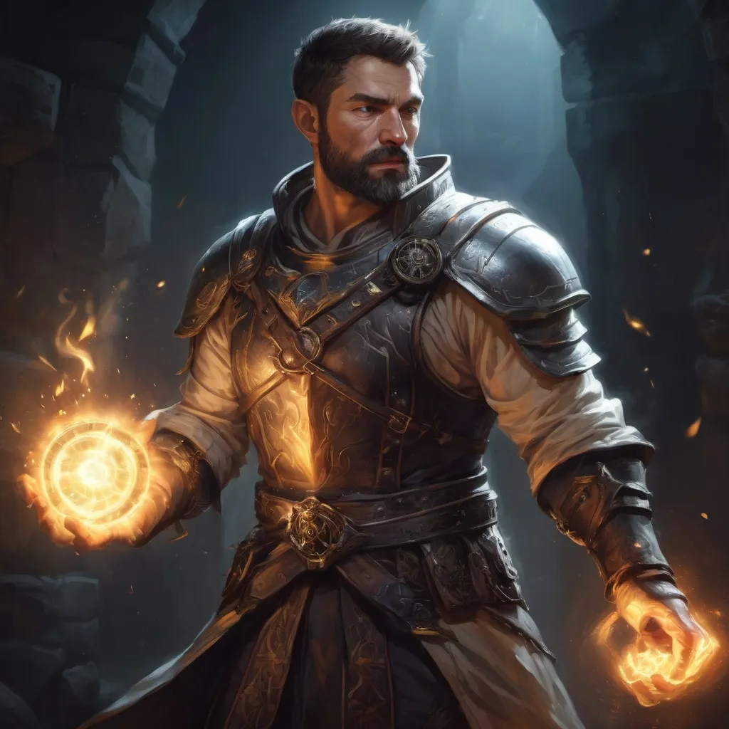 Prompt: Male stocky large mature muscular cleric with short-cut hair and beard, engaged in combat casting a prismatic-light spell inside of a dark dungeon, pathfinder, d&d setting, in a realistic high quality digital art style, enhanced shadow quality
