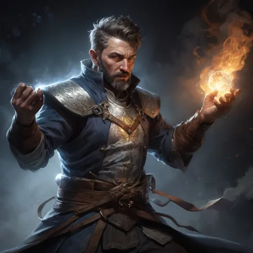 Prompt: Male stocky large mature fit battle-mage with short-cut hair and beard, engaged in combat casting a white-light spell in a dark room, pathfinder, d&d setting, realistic, enhanced shadow quality