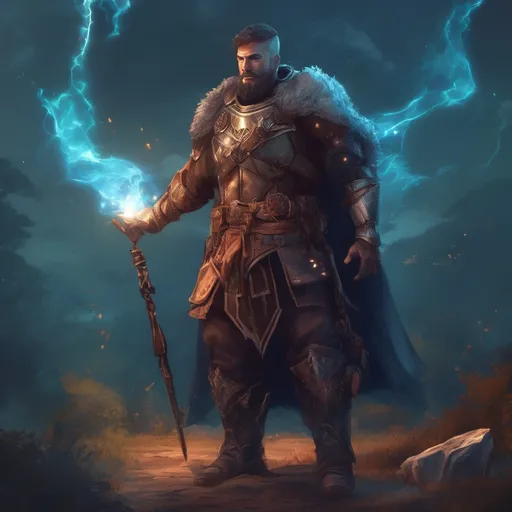 Prompt: (Full body) male stocky muscular crusader with short-cut hair and beard casting an astral-spell, in nature at night pathfinder, d&d setting, in a realistic digital art style