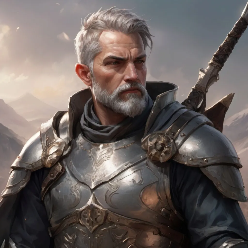 Prompt: (torso) Male heavy-set mature fit magical Paladin with short-cut hair and beard, holding fantasy-weapon , in a windy battlefield, pathfinder, d&d setting, enhanced shadow quality