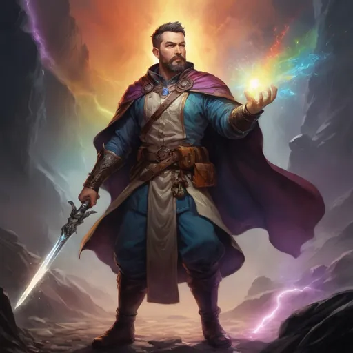 Prompt: Male stocky large mature cleric with short-cut hair and beard, engaged in combat casting a rainbow-spell inside of a dark dungeon, pathfinder, d&d setting, in a realistic high quality digital art style, enhanced shadow quality, colorful