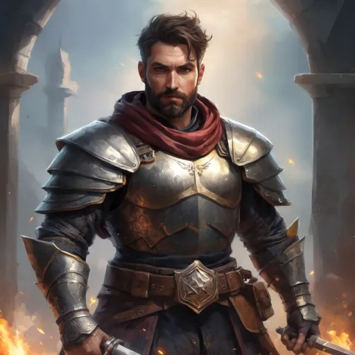Prompt: (torso) Male stocky manly magical crusader with short-cut hair and beard, on a battlefield, in combat, holding a magic weapon, bright aura, pathfinder, d&d setting, in a realistic high quality digital art style, enhanced shadow quality