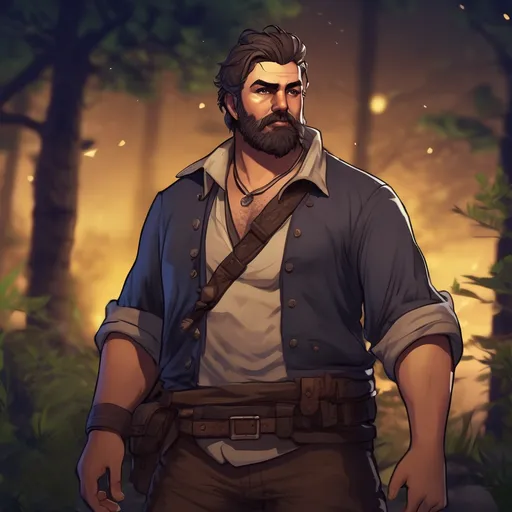 Prompt: (Full body) male stocky big-chested bandit with short hair and beard, open shirt, in nature at night, pathfinder, d&d setting, in a realistic digital art style