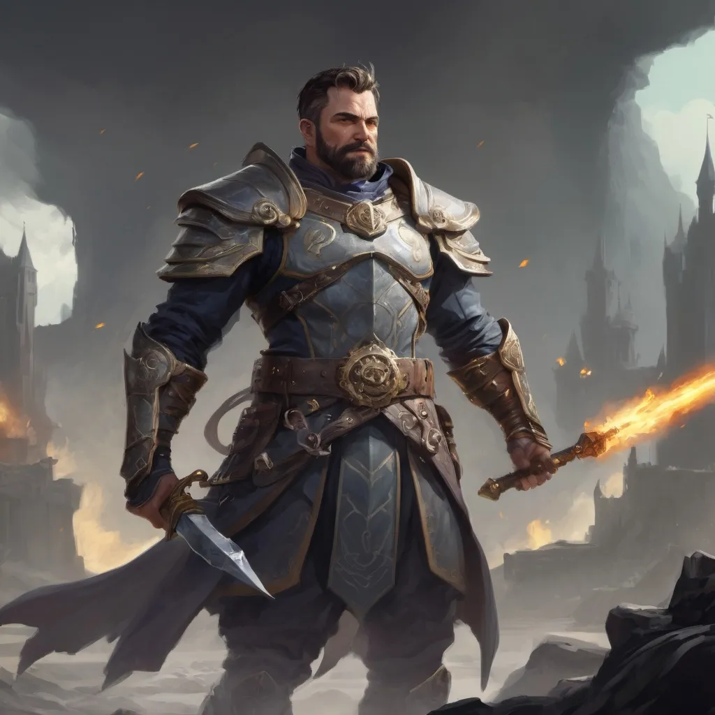 Prompt: Male heavy-set 42-year old muscular noble large spellcaster with short-cut hair and beard, in a windy castleground, pathfinder, d&d setting, enhanced shadow quality