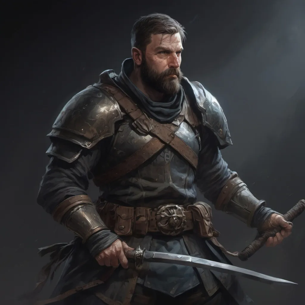 Prompt: Male stocky large mature fit bandit with short-cut hair and beard, engaged in combat holding fantasy-weapon in a dark room, pathfinder, d&d setting, realistic, enhanced shadow quality