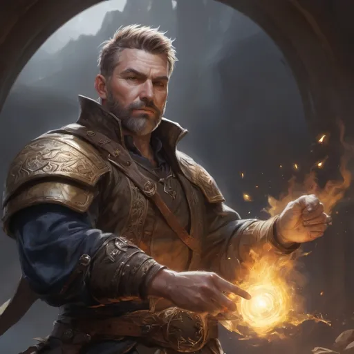 Prompt: (torso) Male stocky large mature fit battle-mage with short-cut hair and beard, engaged in combat casting a light-spell  nature, pathfinder, d&d setting, realistic, enhanced shadow quality