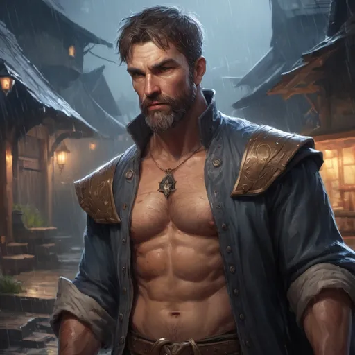 Prompt: Male stocky Muscular large mature battle-mage with short-cut hair and beard, open shirt, hairy chest, outside of a small fantasy village in the rain at night, pathfinder, d&d setting, in a realistic high quality digital art style, enhanced shadow quality, colorful