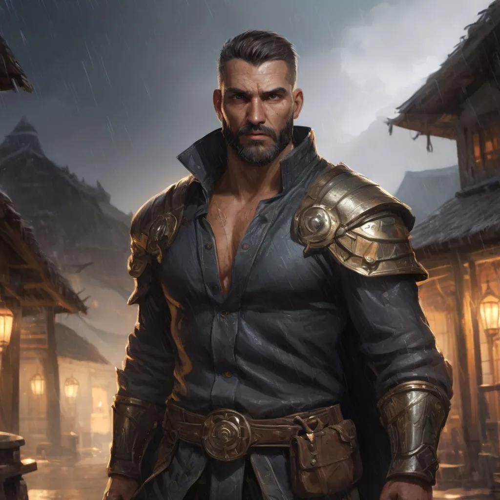 Prompt: Male stocky Muscular large peruvian mature paladin with short-cut hair and beard, open shirt, outside of a small fantasy village in the rain at night, pathfinder, d&d setting, enhanced shadow quality, 